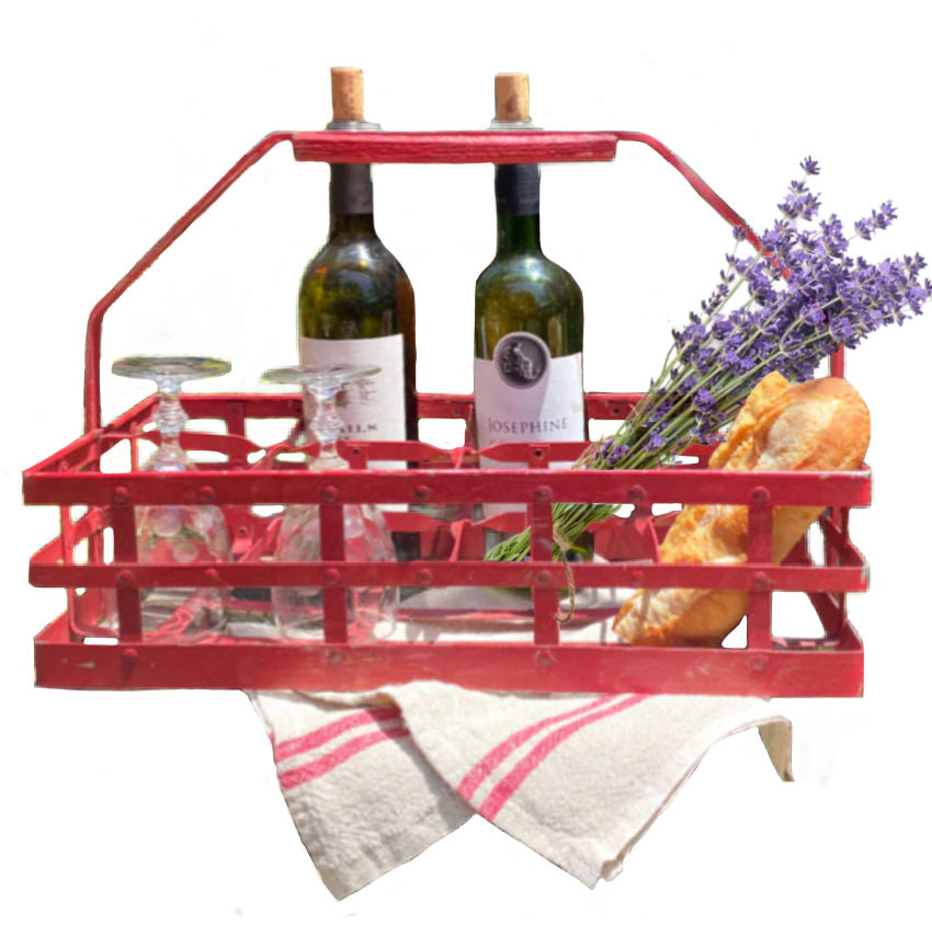 Antique style French country red wine rack for 8 bottles decorative storage piece with bottles and bread, lavender bundle