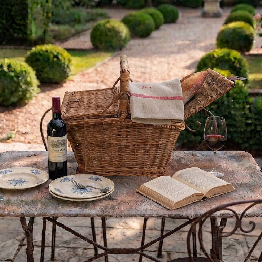 Antique French willow picnic basket double opening, leather closure strap for display in French Country interior