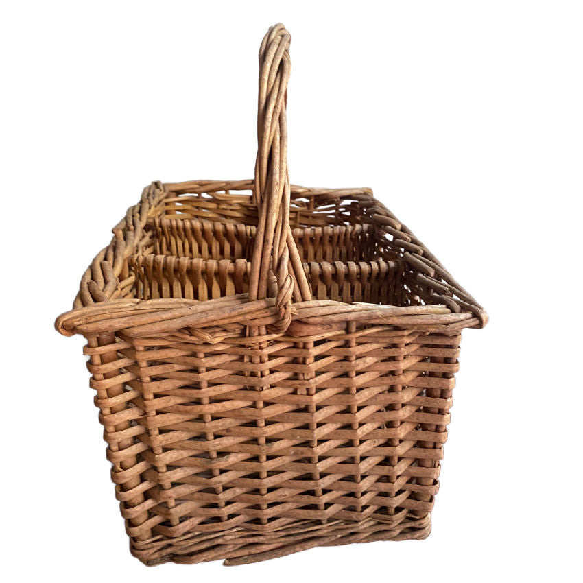 antique style willow wine carrier for entertaining and farmhouse decor styling side view