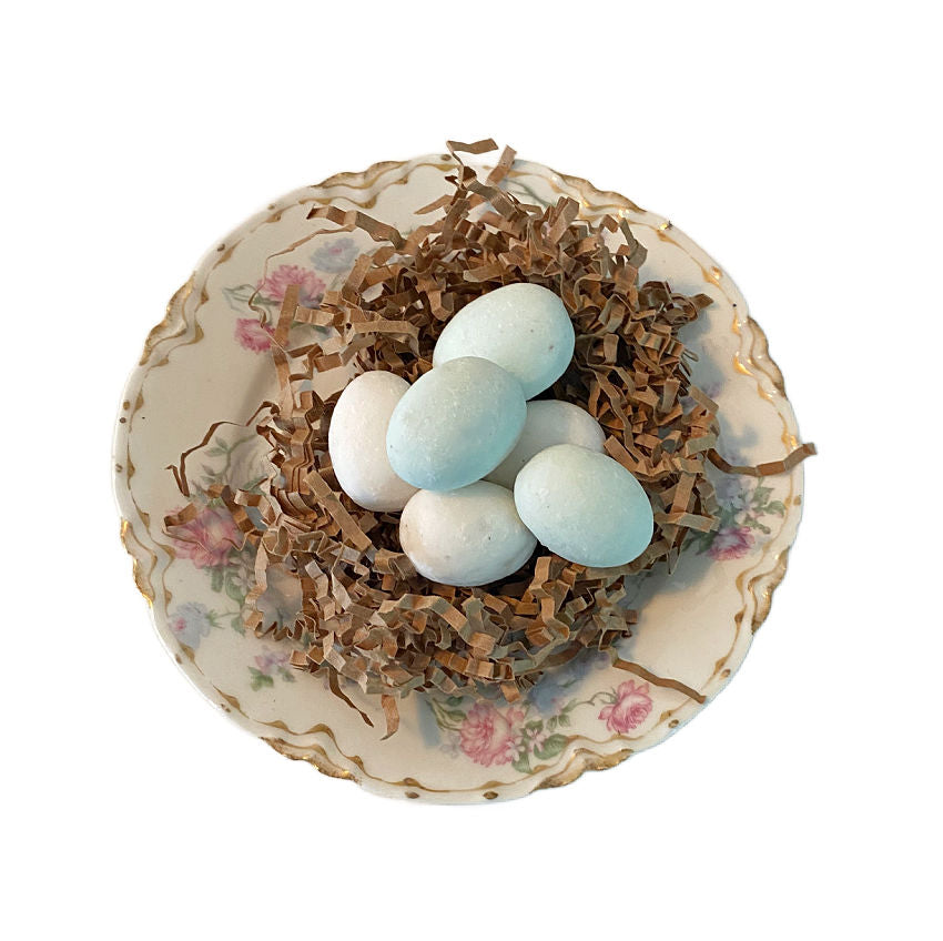 French Egg Soaps on Antique or Vintage Porcelain Saucer Edme Rose