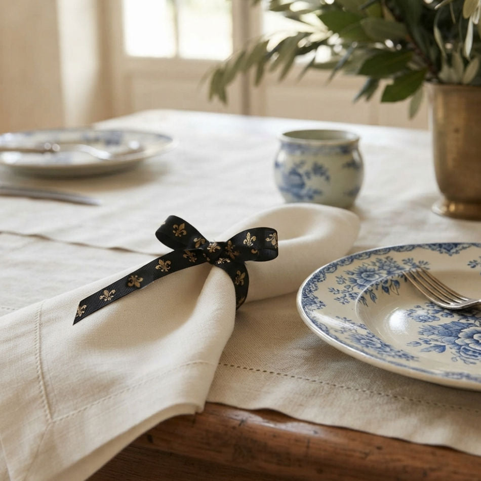 French gold fleur de lis grosgrain ribbon tied around ivory linen napkin set on dinner table with french plates