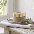 Shelley Kyle French Lavender Sugar Body Scrub on an antique French silver tray with linen and lavender sprig