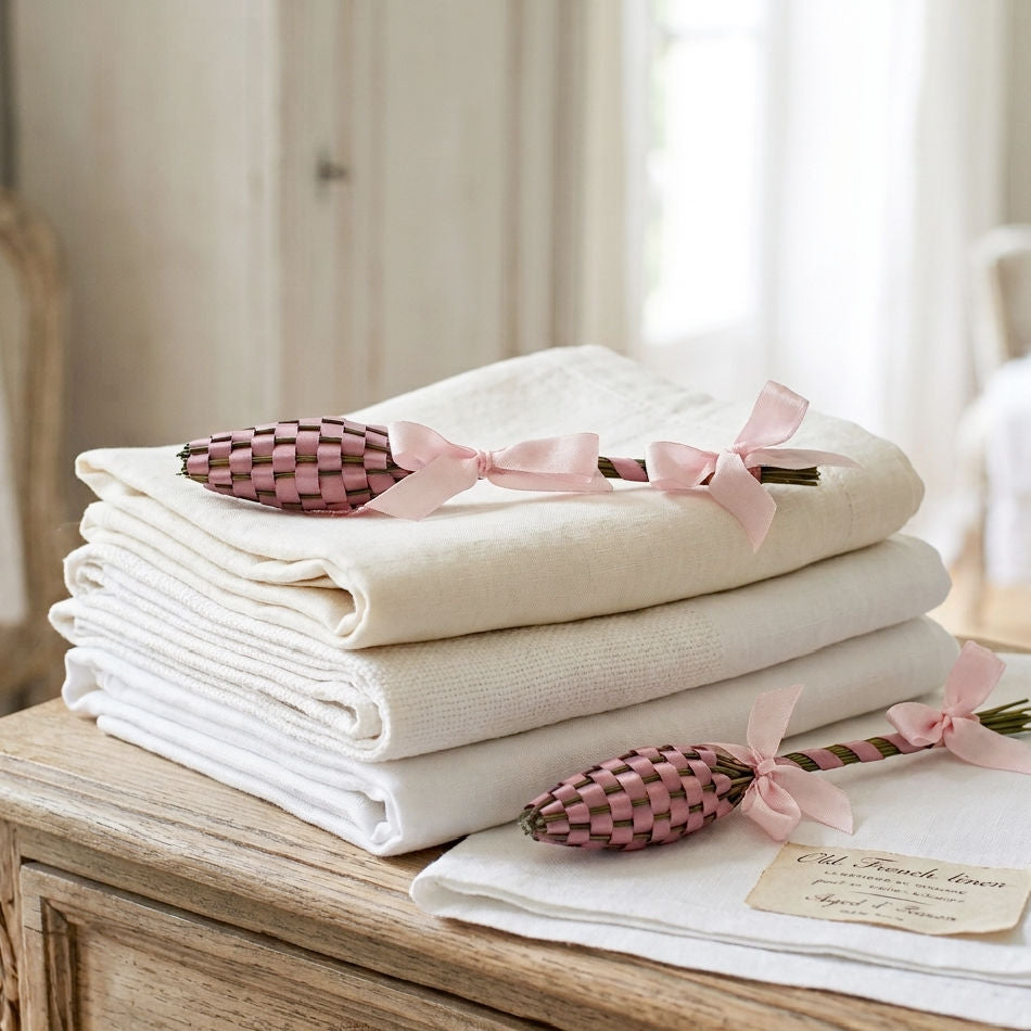 French lavender wands set of two with rose ribbon on a stack of antique french linens