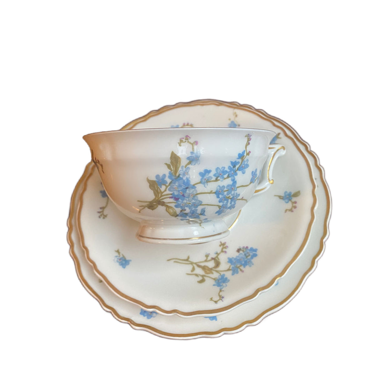 French Limoges Forget Me Nots Floral Tea Cup, Cake Plate Trio