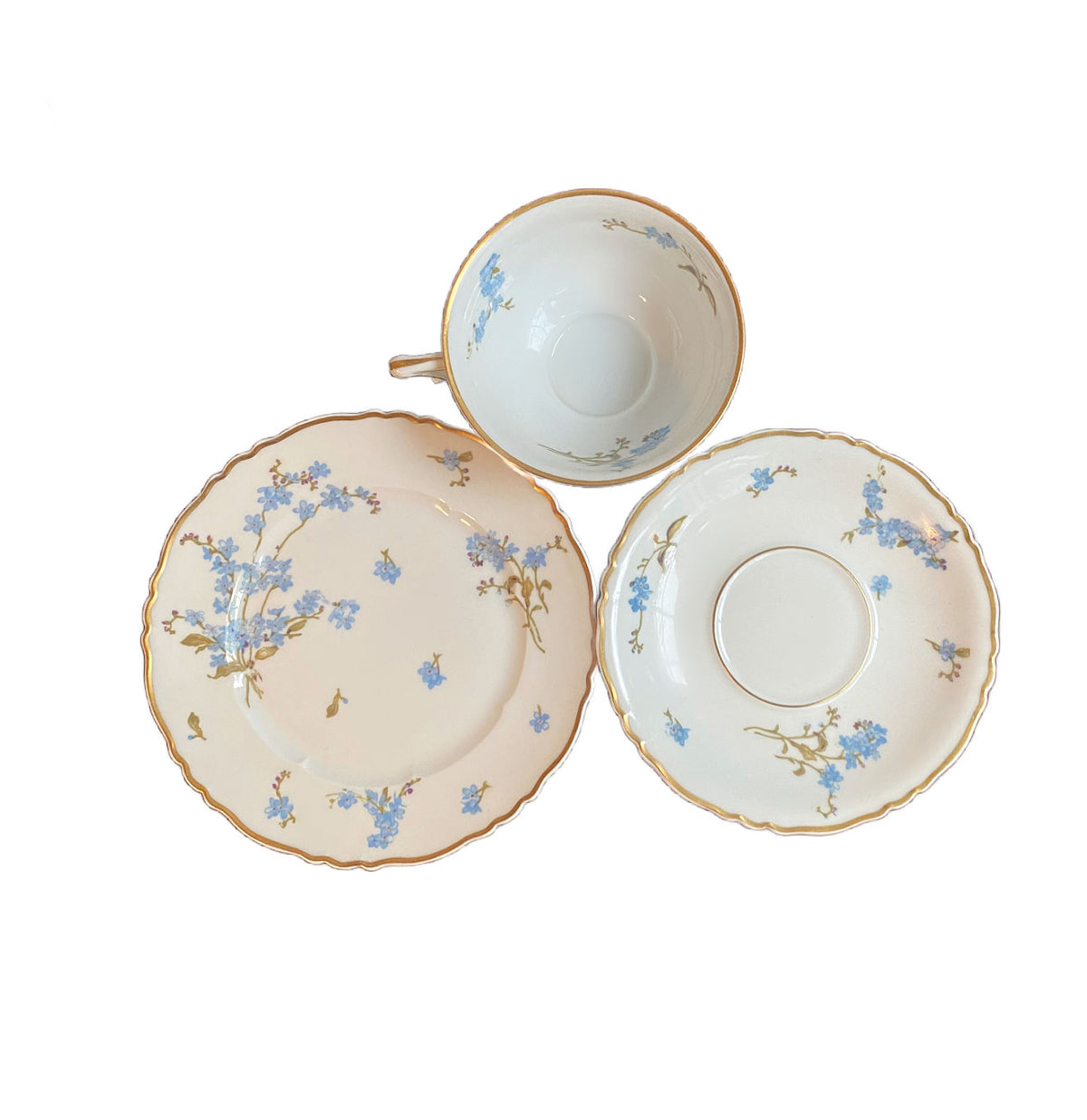 French Limoges Forget Me Nots Floral Tea Cup, Cake Plate Trio