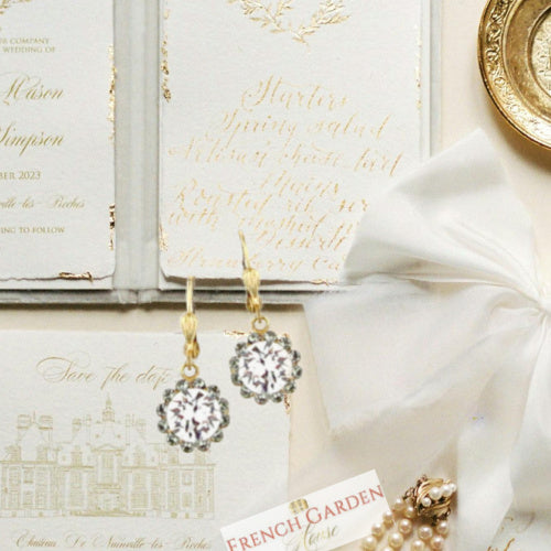 French Parisian drop earrings with platinum crystal stones set in gold, inspired by antique Parisian designs. Refined sparkle with timeless romantic elegance.
