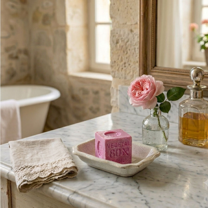 Marseille handmade soap cubes traditional French process in bathroom on a marble topped vanity with a pink rose