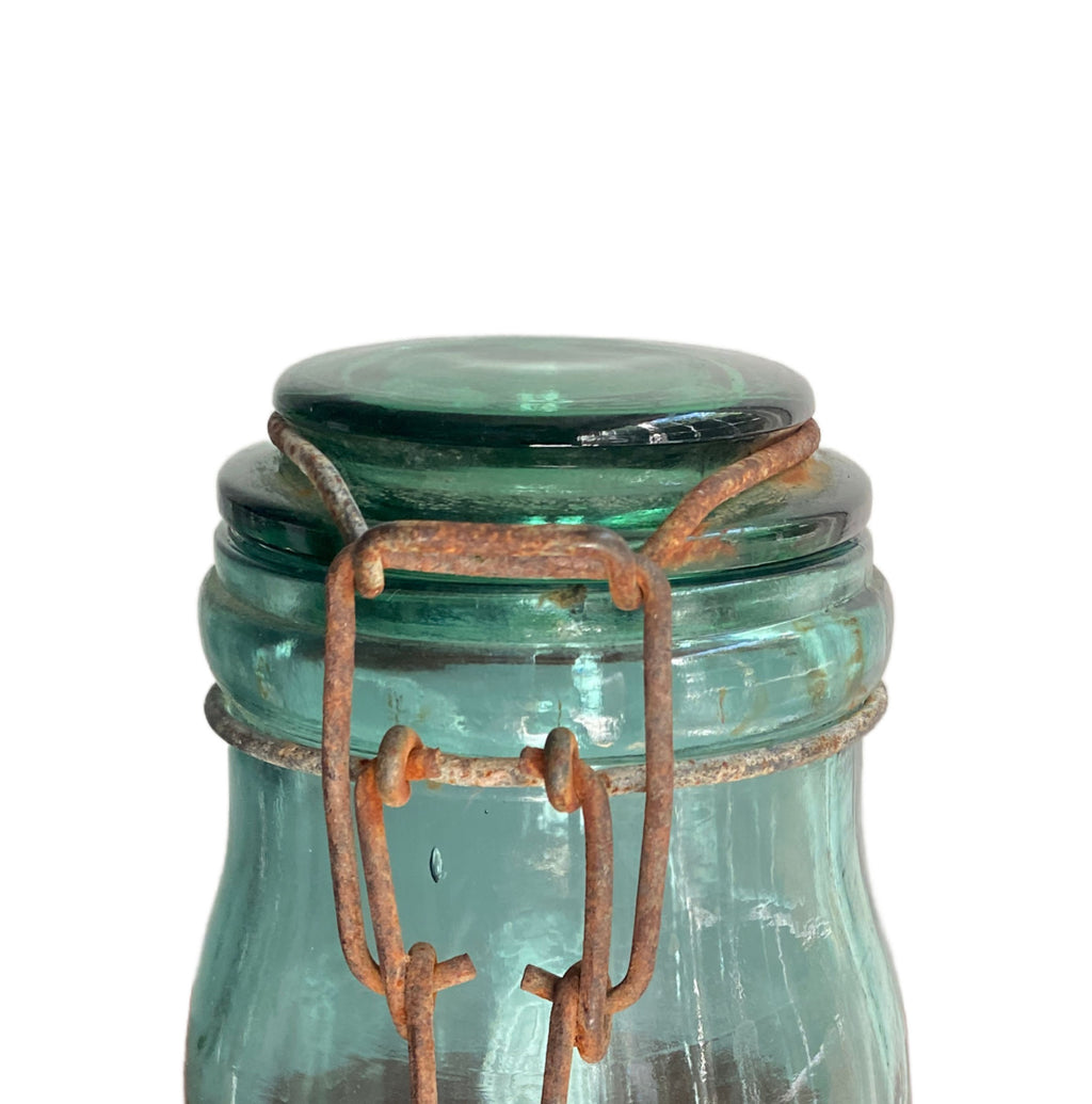 Antique French Solidex aqua glass preserving jar with embossed lettering
