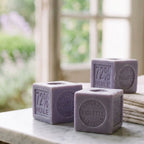 Petite Marseille Cube Soap Violette Scent in French bathroom