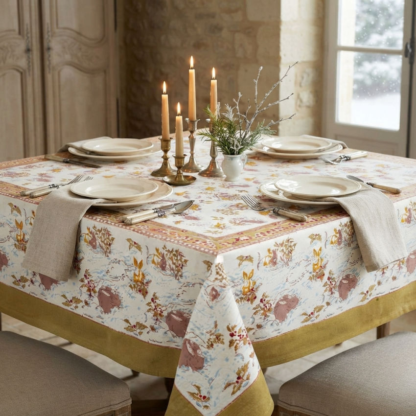 French winter hares hand-printed cotton tablecloth set on a french country table