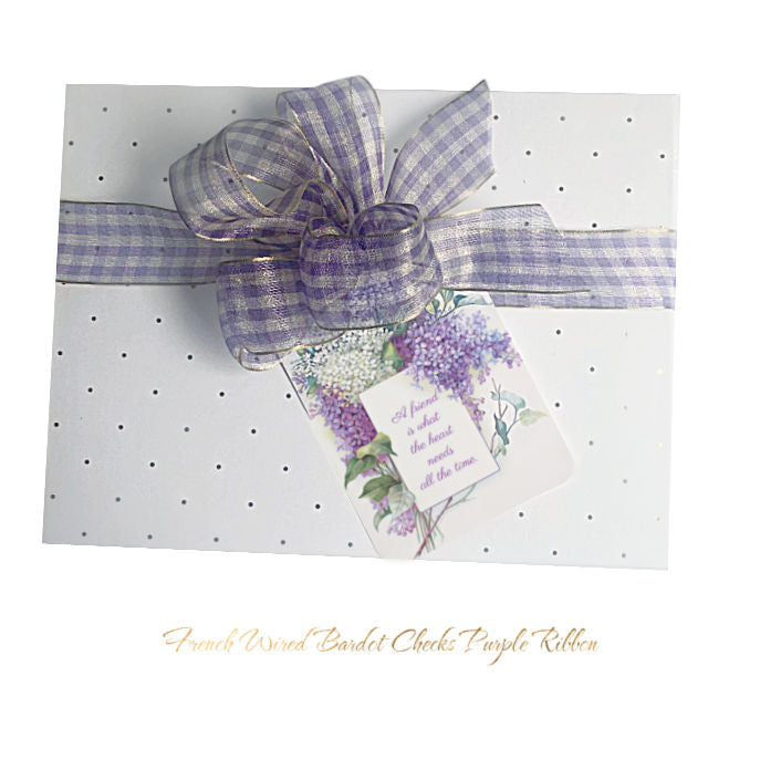 Gift wrap with box, French wired lavender purple checked ribbon and gift card.