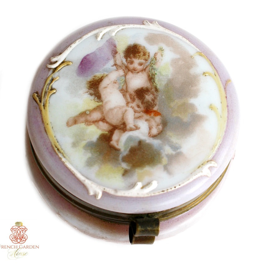 Antique Enameled Cherub Glass Powder Jar Hand Painted