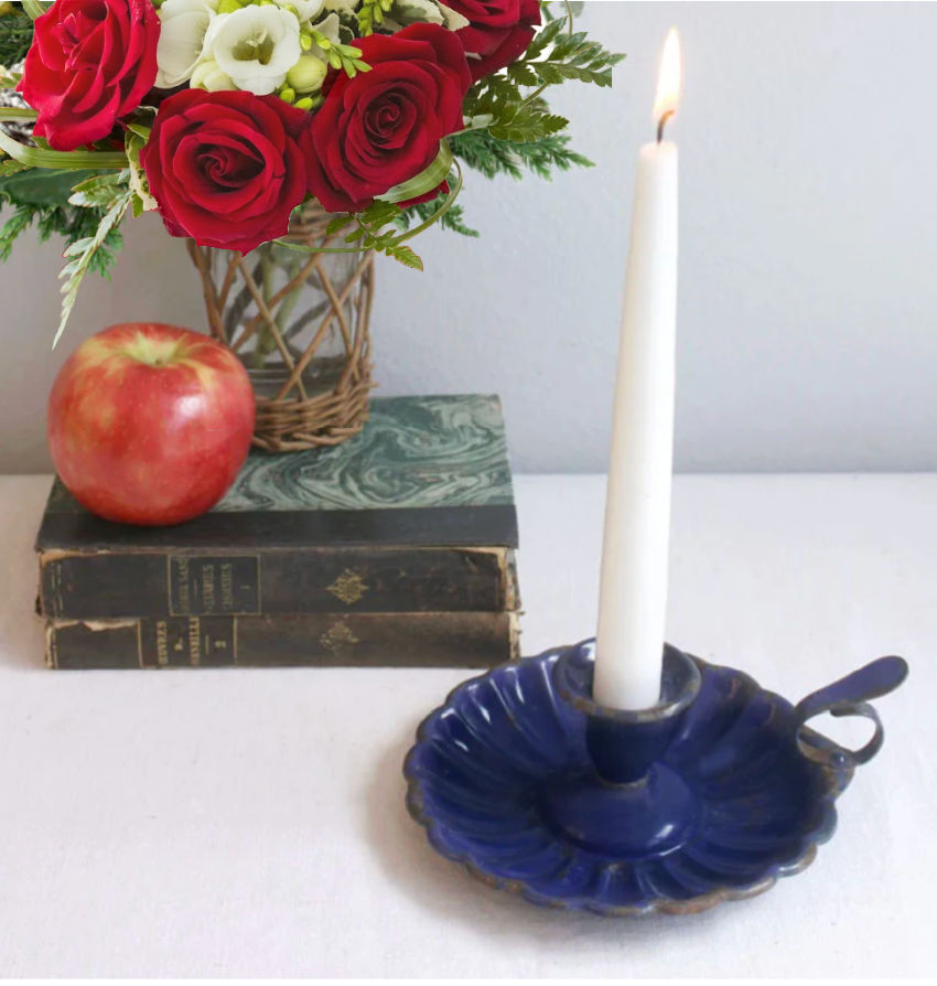 Antique French Blue Enamelware Candle Holder
