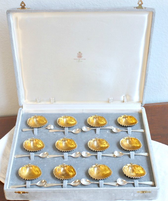 Estate Luxury Silver Vermeil Shell Salt Cellars and Spoon Set for 12