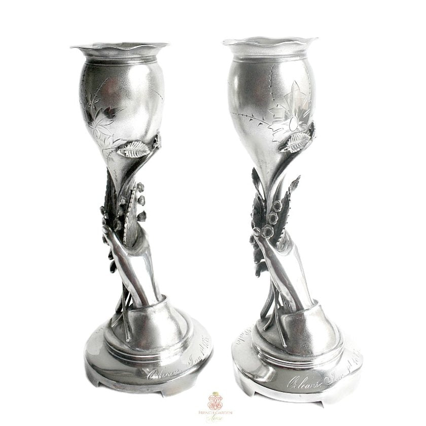 Pair Antique Silver Plated Hand Lily of the Valley Vases
