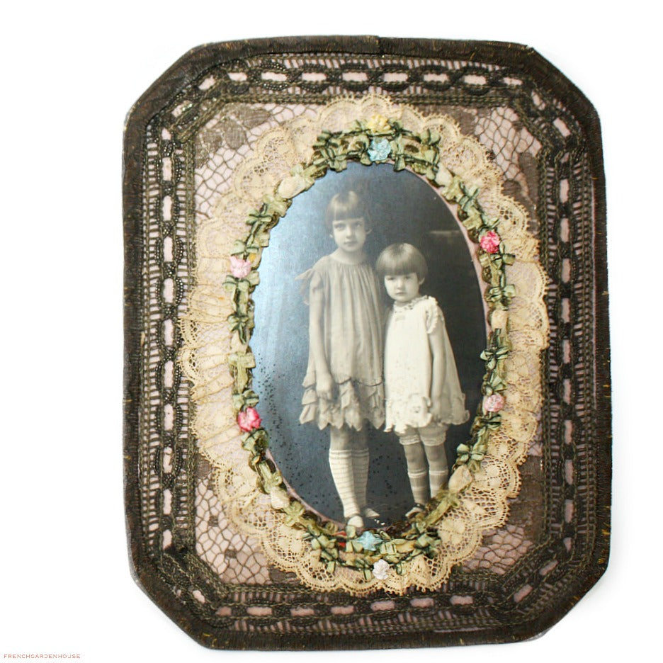 Antique French Ribbonwork Gold Lame Lace Photo Frame with Glass