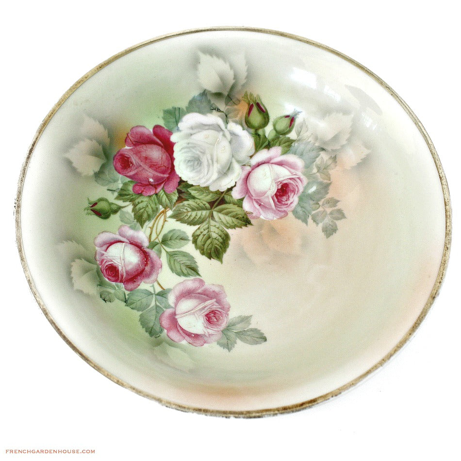 Antique Enameled Pink Roses Serving Bowl