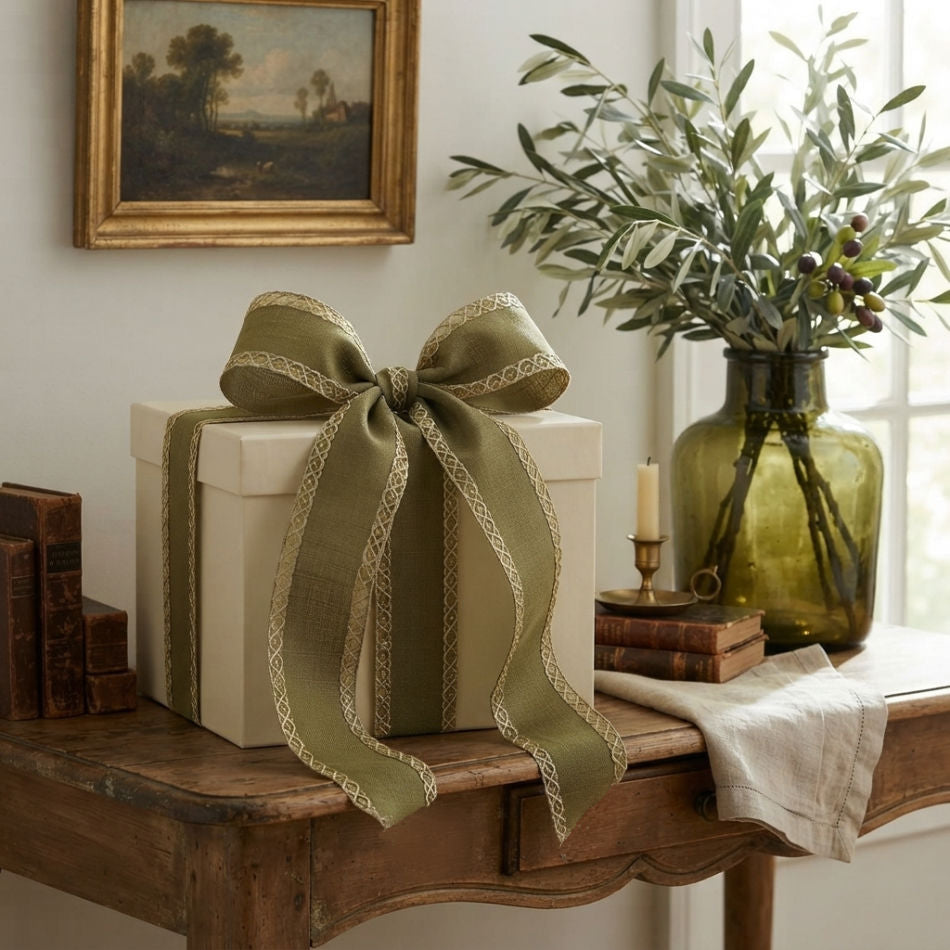 Gilded Provence Groves olive green French wired ribbon with gold edge on elegant gift