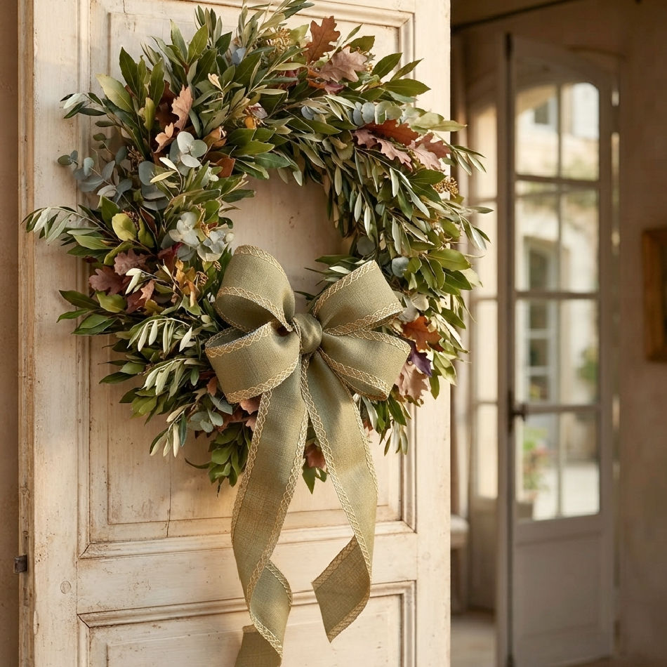 Gilded Provence Groves olive green French wired ribbon with gold edge on autumn wreath