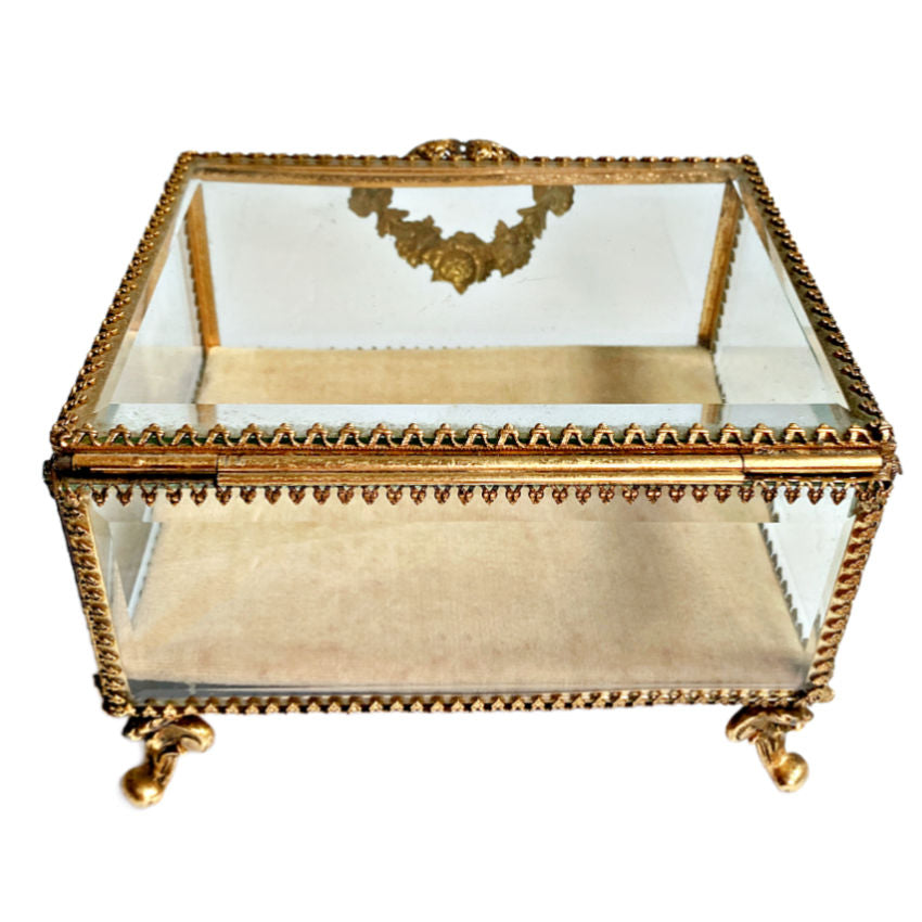 Antique Gilt Beveled Glass Jewelry Casket with Rose Garland