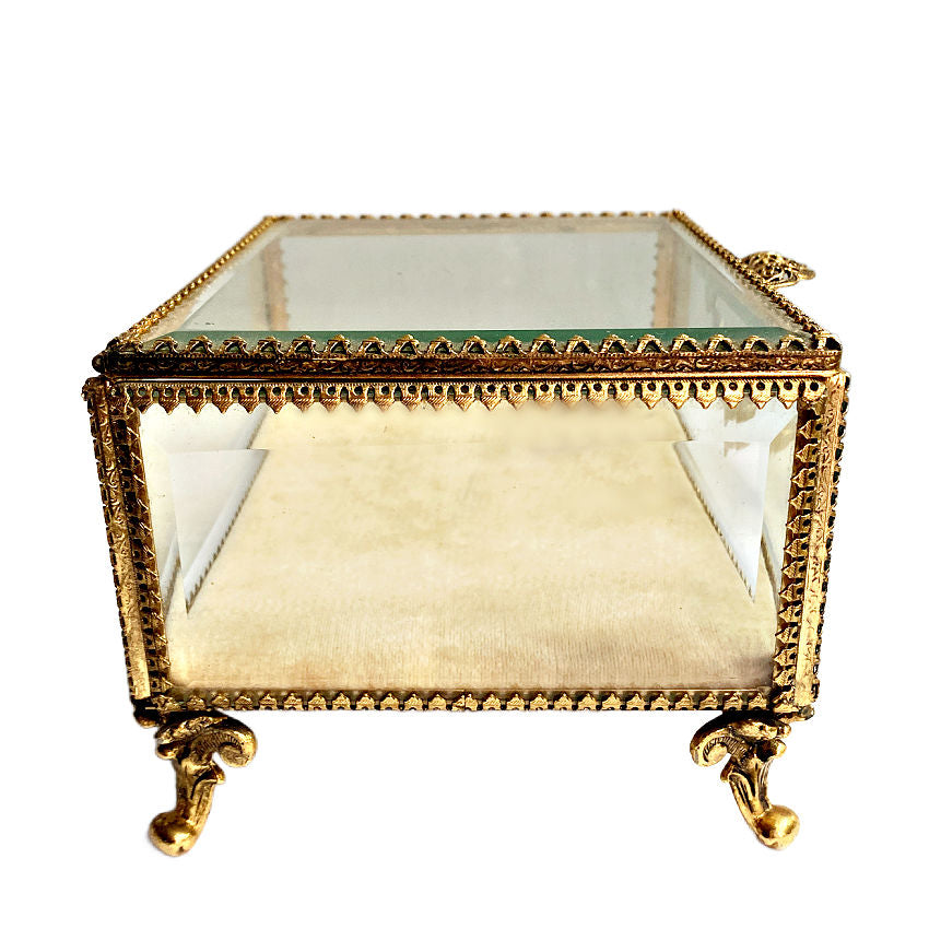 Antique Gilt Beveled Glass Jewelry Casket with Rose Garland