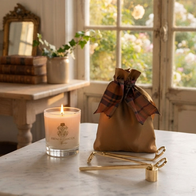 Gold Candle Care Kit with brass candle accessories beside a candle near a French window overlooking a garden