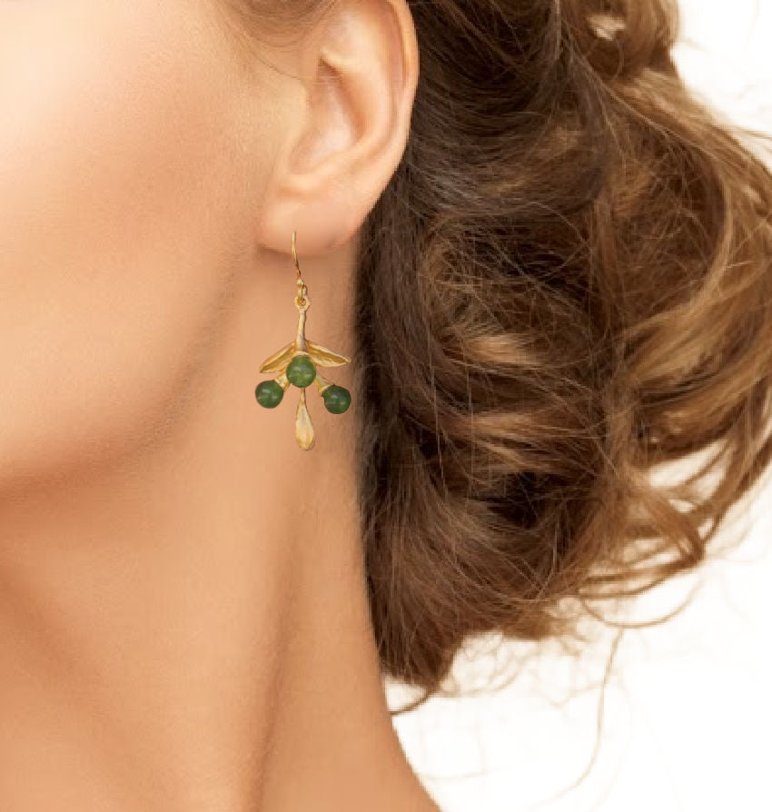 luxury jade bead earrings gold botanical style on model.