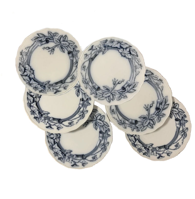 antique Flow Blue dinner plates Rose and Ivy pattern Brown Westhead Moore set of six