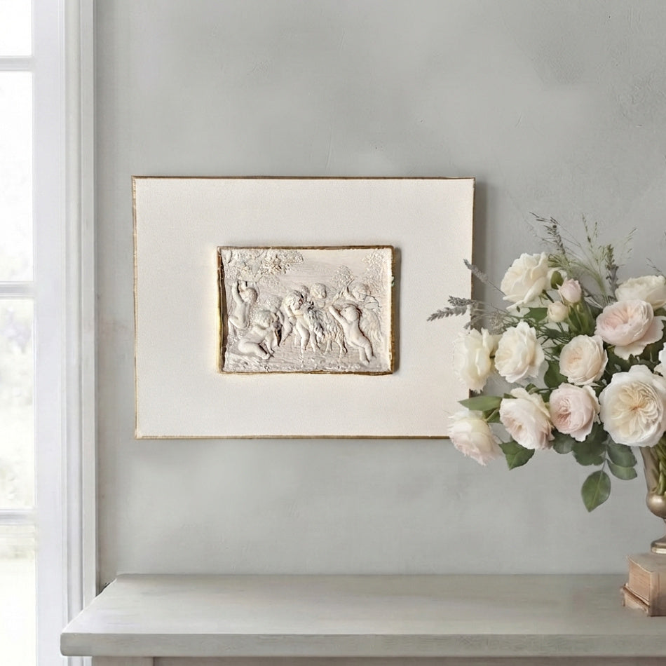 Grand Tour Relief Collection Cherubs at Play on hand-painted canvas with French roses
