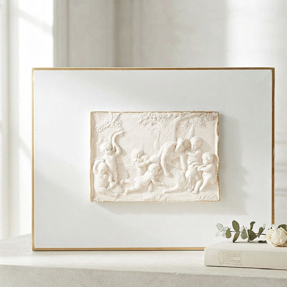 Grand Tour plaster relief of Neoclassical Cherubs with Satyr on canvas