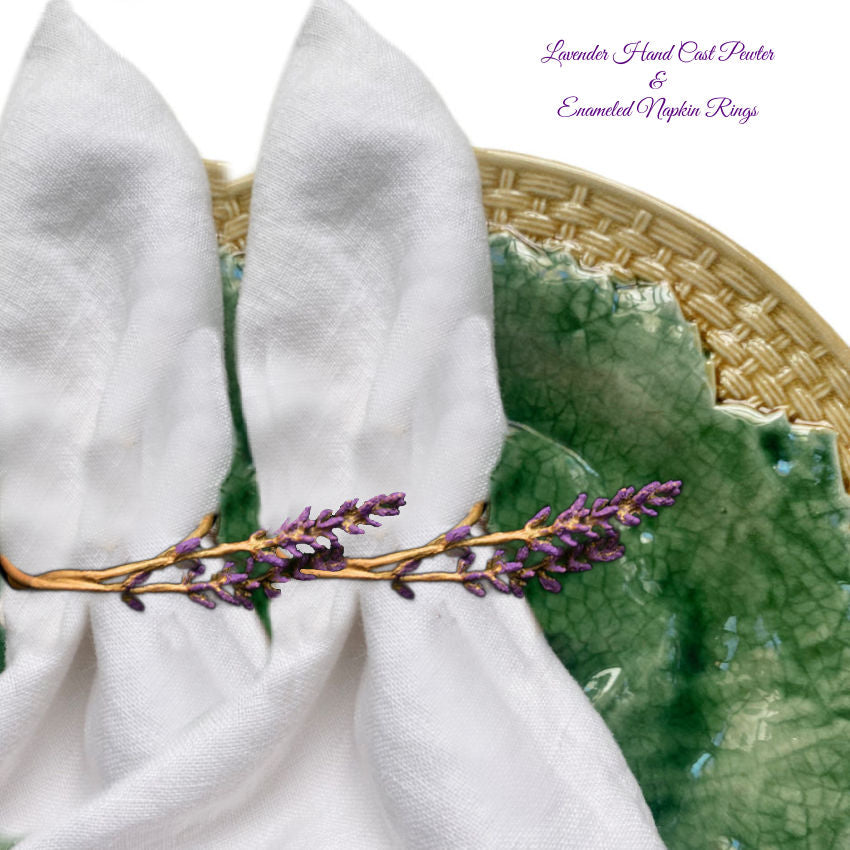 Hand Cast Pewter & Enameled Lavender Napkin Rings Set of 4