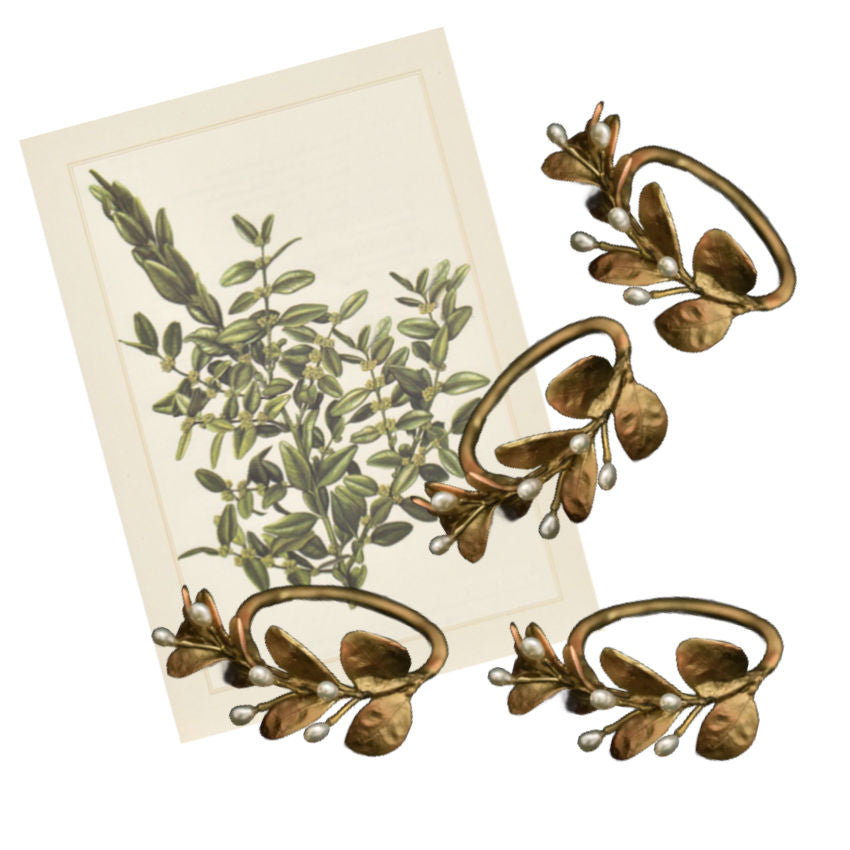 Hand Cast Pewter &amp; Freshwater Pearl Boxwood Napkin Rings Set of 4