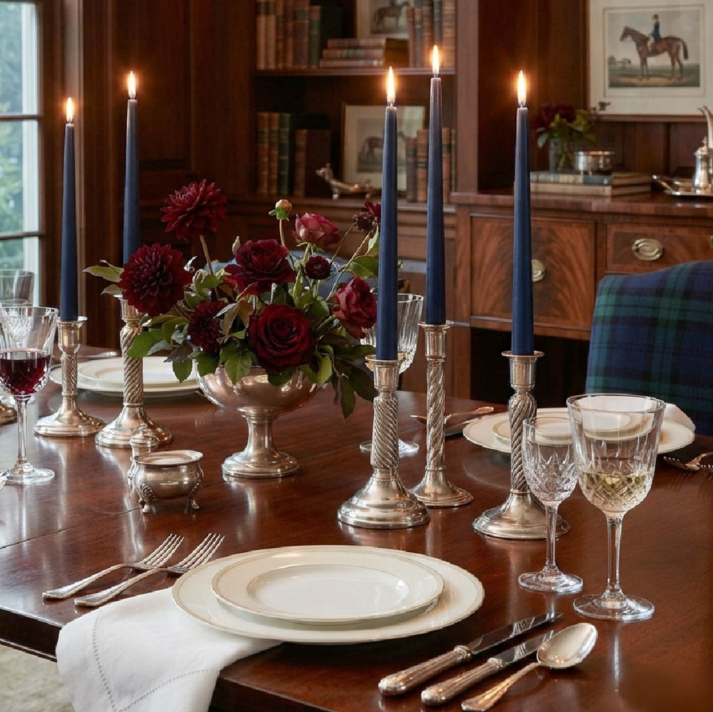 Heirloom Navy taper candles and styled on an elegant dining table with flowers