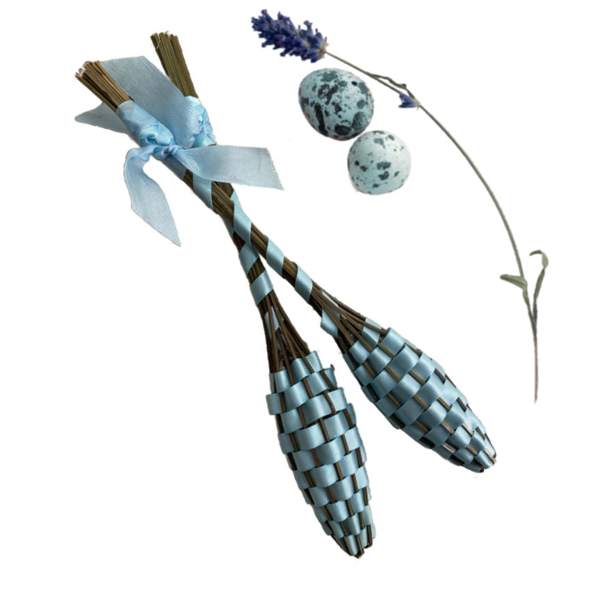 Set of two petite handwoven French lavender wands in light blue. Traditional Fuseau de Lavande crafted with high essential oil Lavandula.