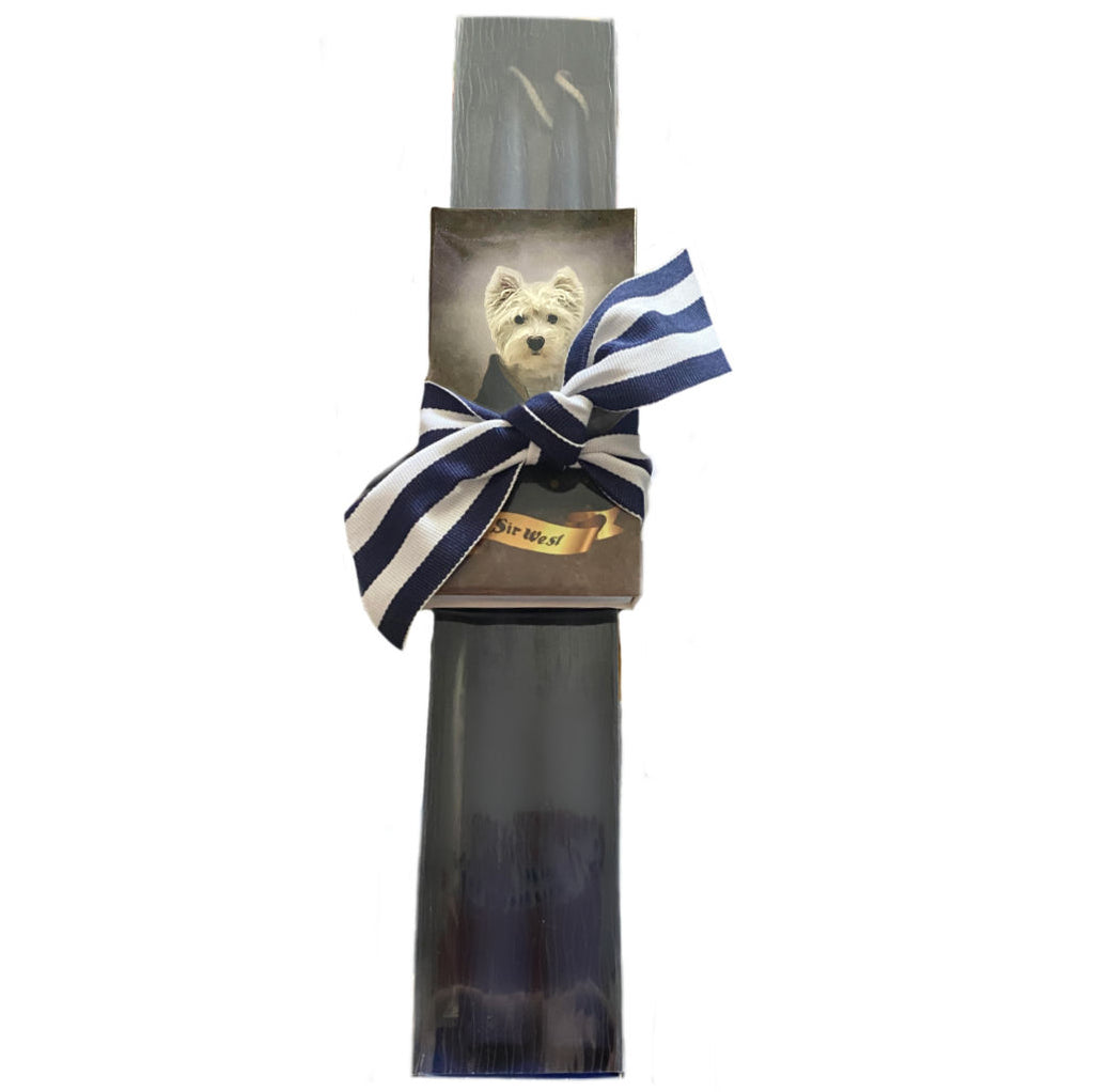 Heirloom Navy taper candle gift box with whimsical dog matches tied with striped grosgrain ribbon