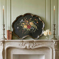 signed decorative tole tray large floral painting wall art antique style tray on French Country mantel