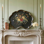 signed decorative tole tray large floral painting wall art antique style tray on French Country mantel