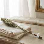 Hand woven French lavender Fuseau de Lavande wand yellow brocade on antique French linen