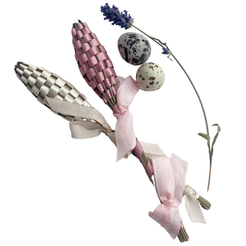Handwoven French lavender wands with rose and white ribbons