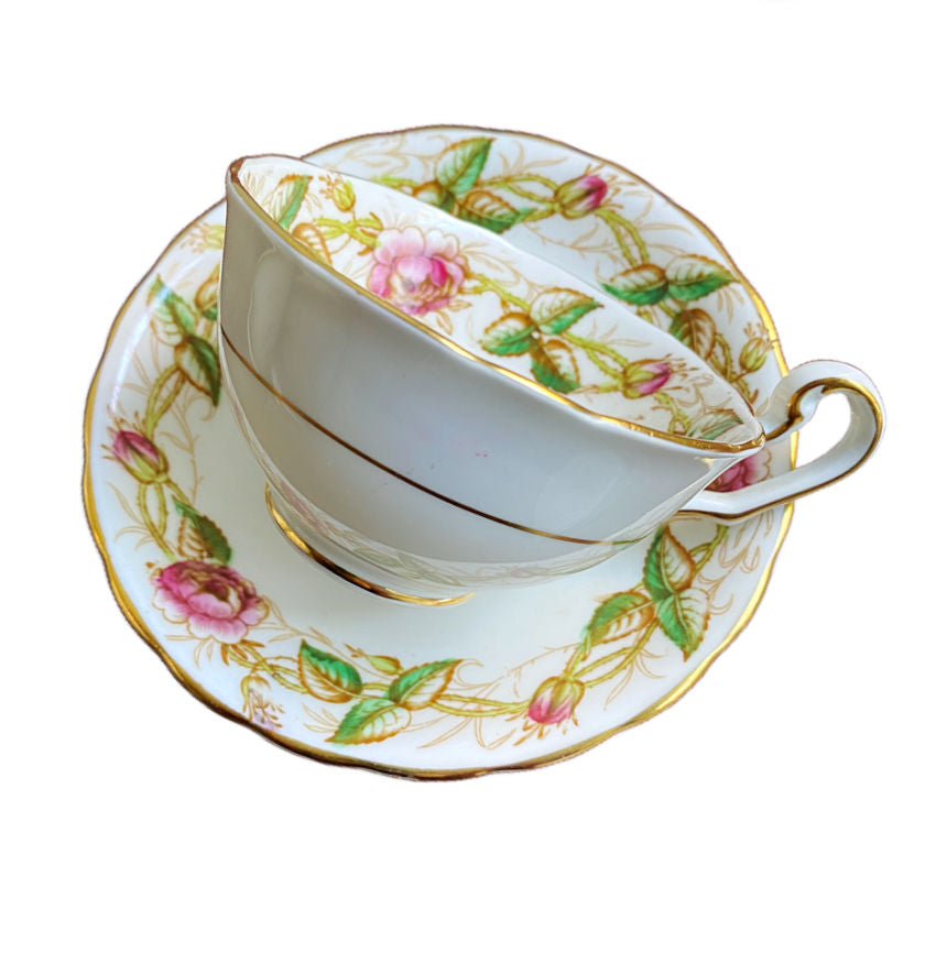 1930&#39;s Hand Painted English Tea Cup with Pink Roses
