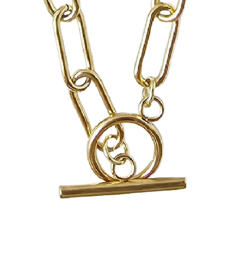 Close-up of Heirloom Chunky Paperclip Necklace showing chunky gold links and secure toggle closure, ideal for layering or statement wear