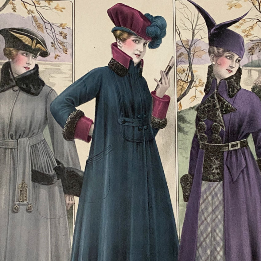 Printed in Paris, this showcases chic Parisiennes in sumptuous fall/winter ensembles, in tones of grey blue green and purple, emblematic of the refined couture aesthetic of the period.&Hats and fur pictured