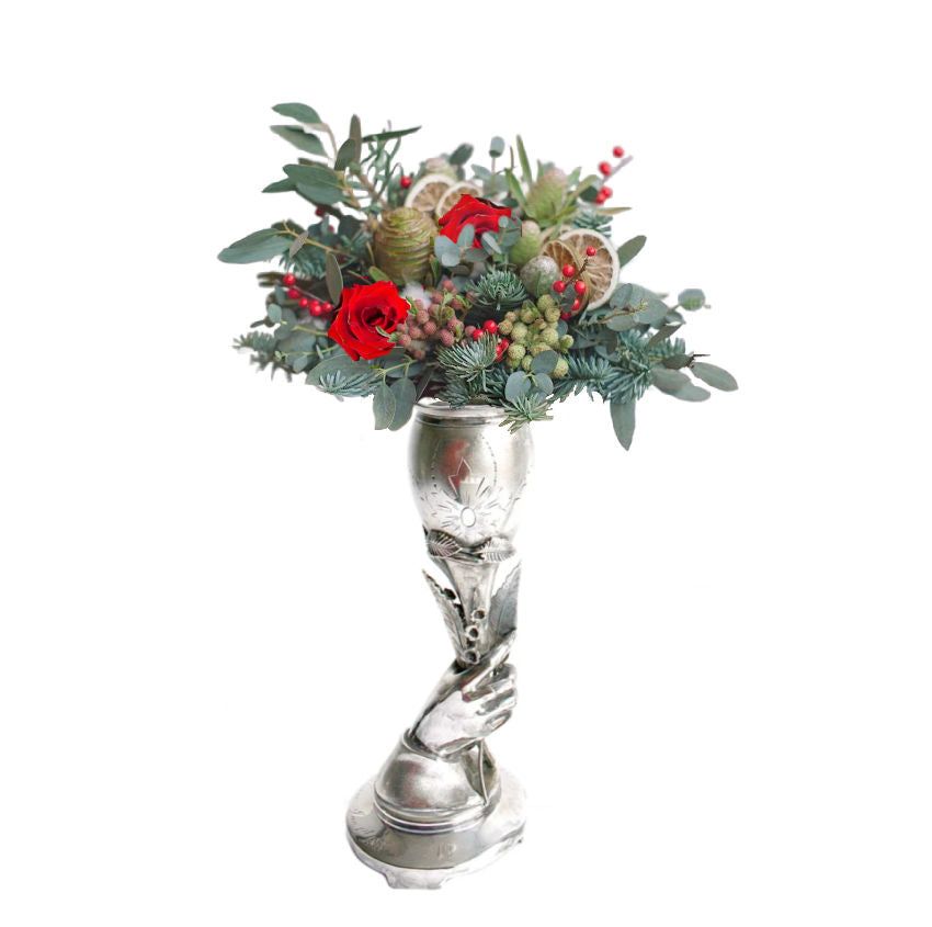 Rare pair of 9½&quot; antique silver plated hand vases with Lily of the Valley motif; exquisite Victorian detail and patina—stunning botanical decorative pieces.