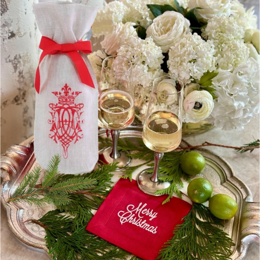 Linen Wine Gift Bag with Embroidery Royal Red
