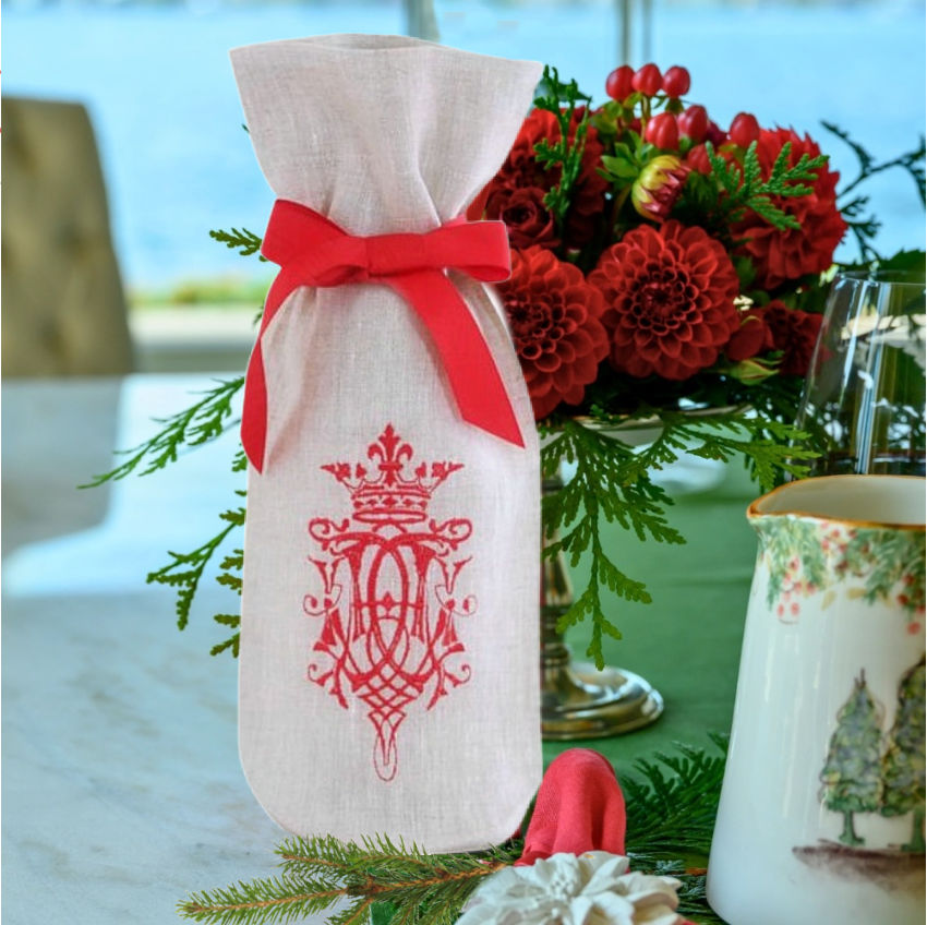 Decorative wine bottle bag with red emblem and bow, next to a glass of red wine and Christmas tree branches on a white background.