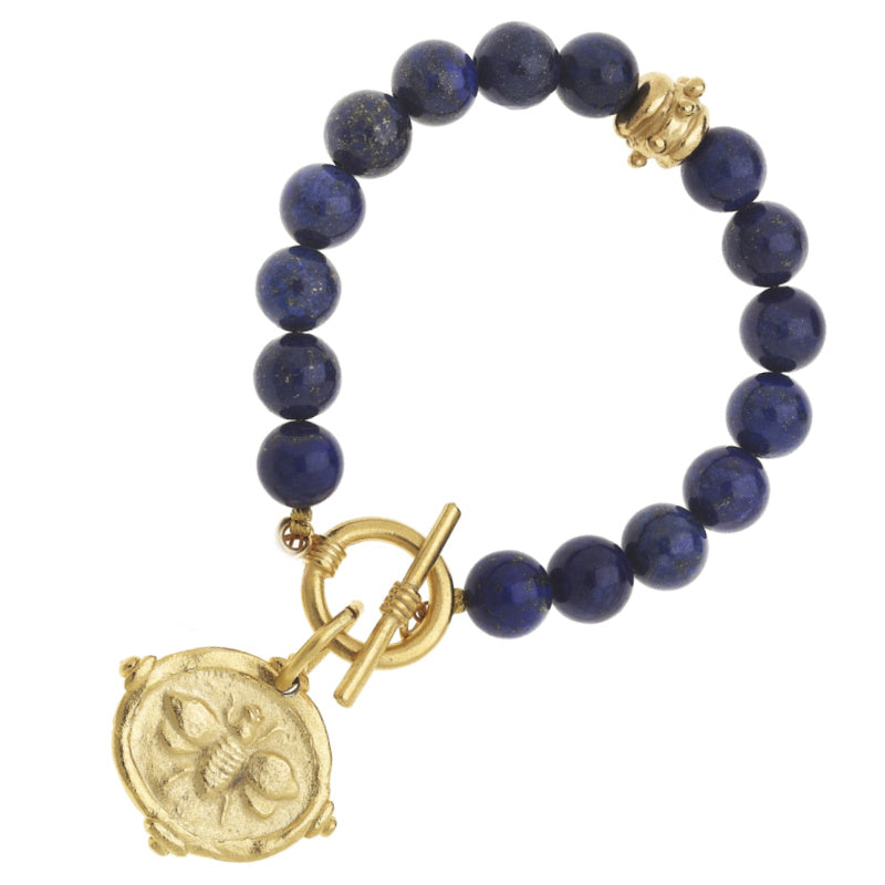 Gold Bee Intaglio on Blue Lapis Bracelet