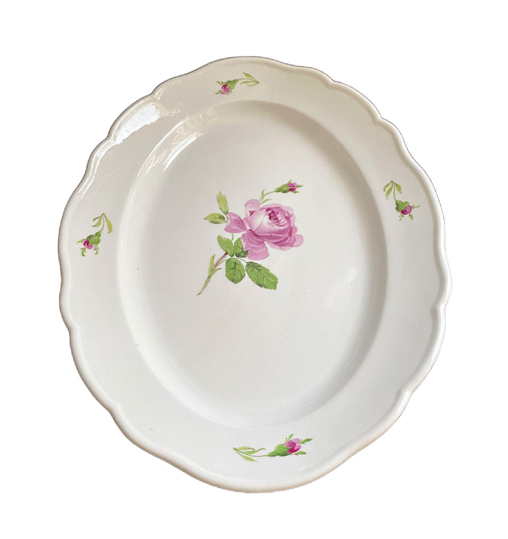 Large antique Pffeifer era Meissen serving Platter  in hand-painted porcelain with pink roses. Romantic European floral china for elegant entertaining and display.