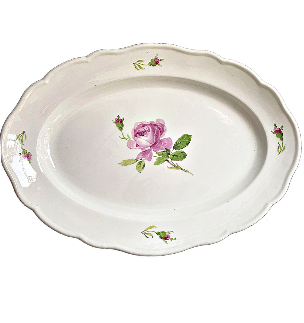 Antique Meissen porcelain serving dish with hand-painted pink roses. Elegant European floral china ideal for refined tables and collectors.