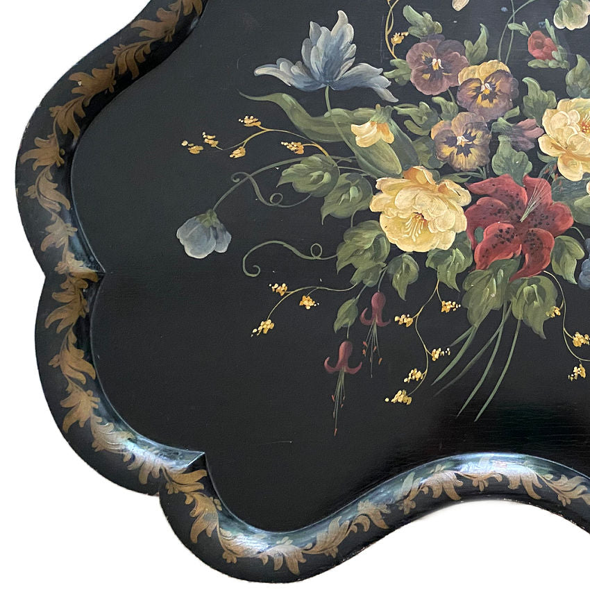 Rare hand painted lily of the valley rose and pansies on black wood tole tray with scalloped edge