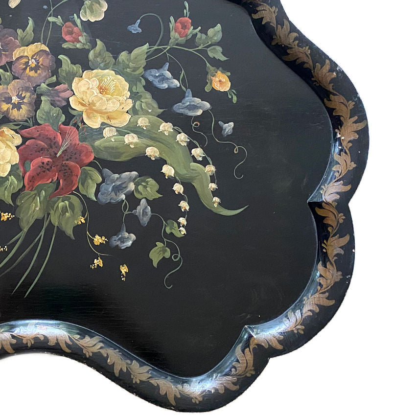 large black background tole tray decorative wall statement floral art piece lily of the valley, morning glory and pansies detail
